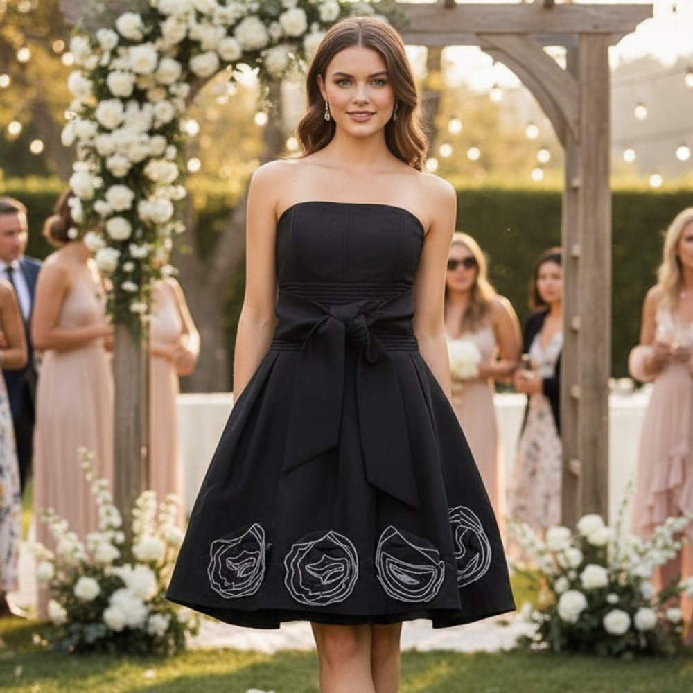 Romeo & Juliet Couture Shiny Black Strapless Fit & Flare Cocktail Dress M Fairy - Picture 1 of 17